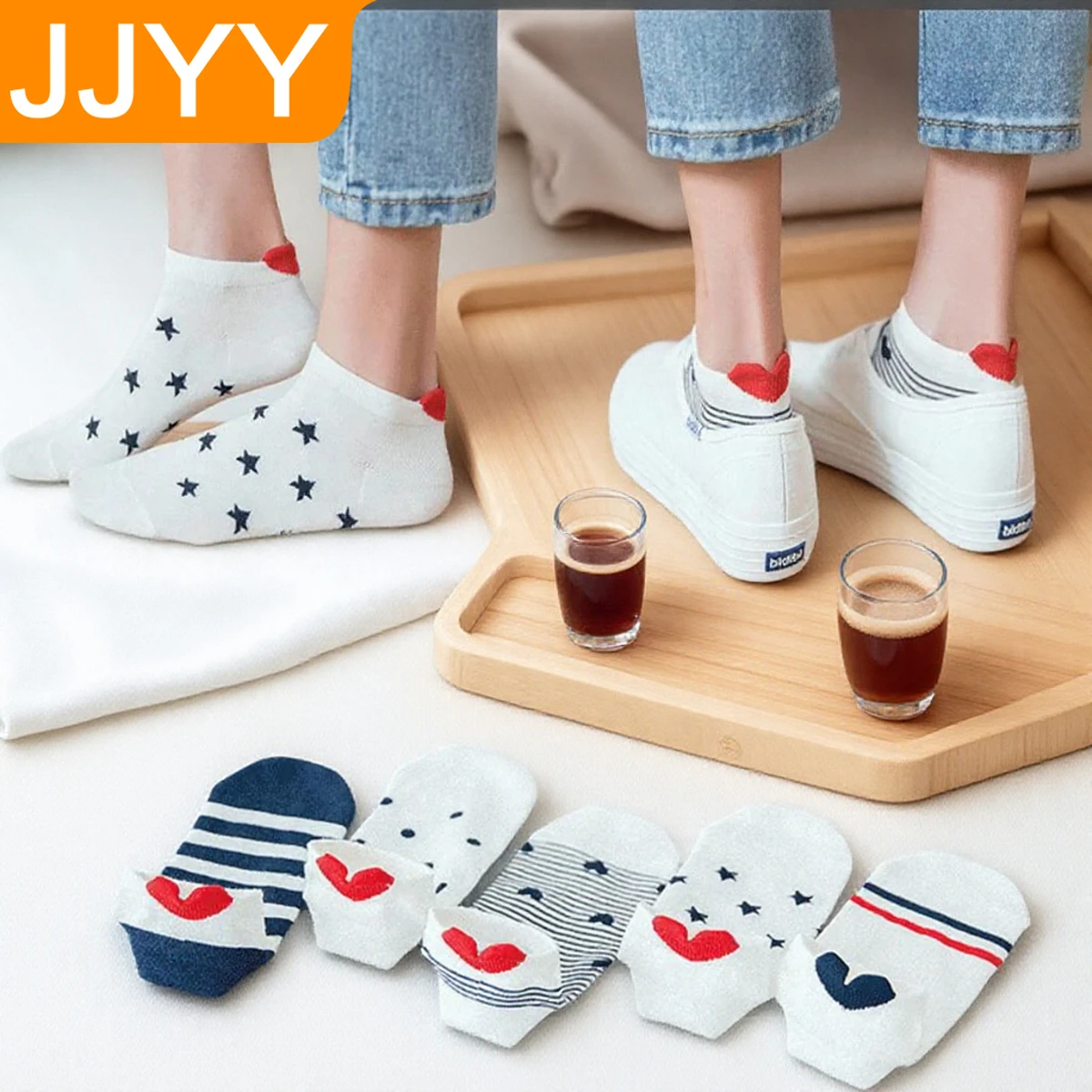 レディースアンクルソックス コットン かわいいラブハートストライプデザイン 通気性ショートソックス 1足 レディース用