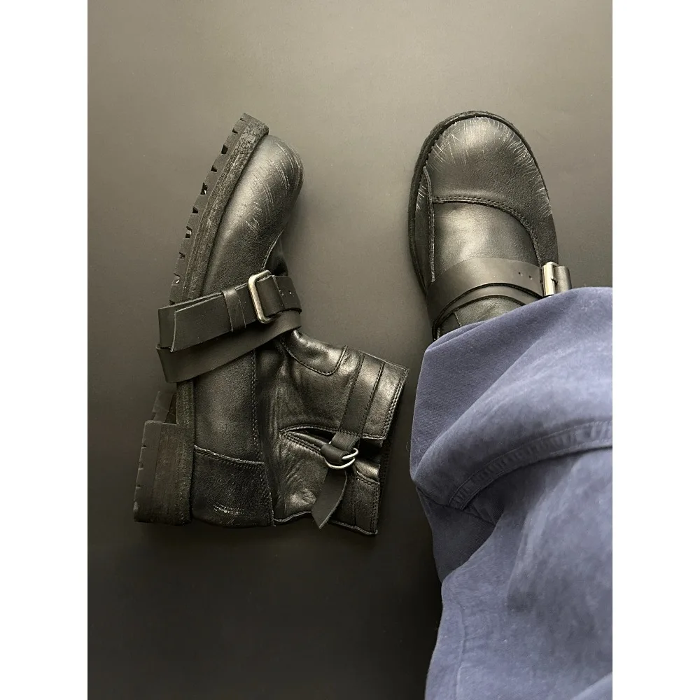 

Fashion Men's Genuine Leather Motorcycle Boots Black High Top Shoes Buckle Strap Thick Sole Mid-calf Western Chelsae Boots Zip