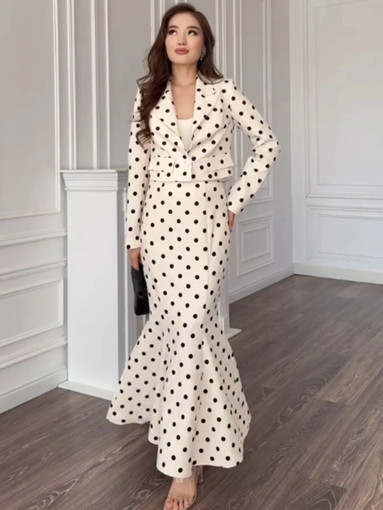 

Spring Polka Dot Print Skirt Suit Women Long Sleeved Lapel Coat+high Waist Slim Knee Length Skirt Autumn Female Two Piece Set