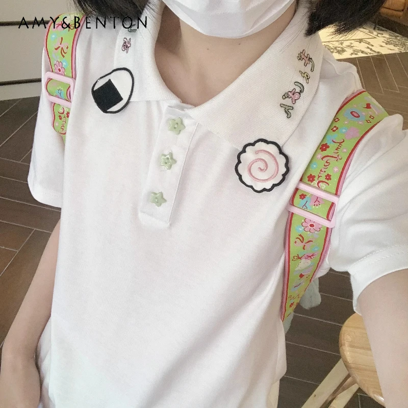 

Original White Letter Embroidery Women's Polo Short Sleeve T-Shirt Japanese Sweet Cute Regular Shoulder Slimming T-Shirts Ladies