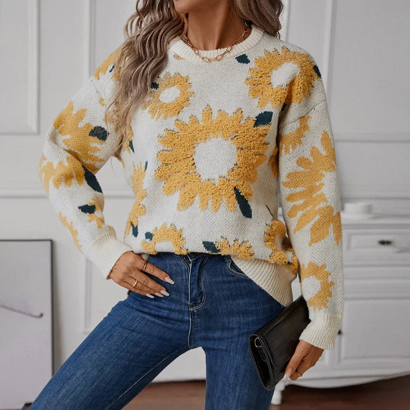 Europe, America, Autumn and Winter New Sweater Round Neck Long Sleeve Sunflower Jacquard Sweater Pullover Sweater Woman