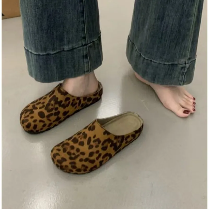 New Classic Women\'s Leopard Closed Toe Cork Flats Slippers Ladies Leopard Cork Slippers Camo Mule Clogs Shoes  Zapatos De Mujer