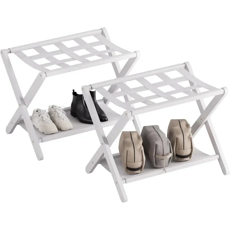 

Folding Bamboo Luggage Rack Set of 2 with Storage Shelf and 5 Nylon Straps for Guest Room