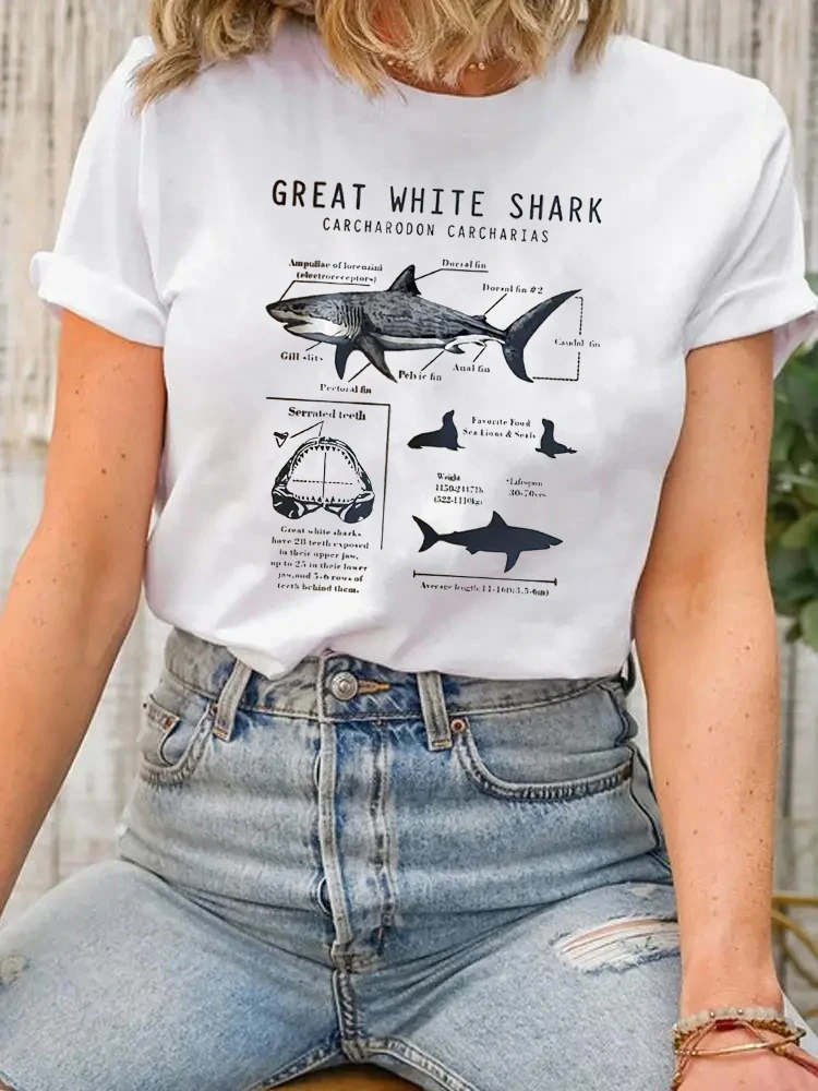 Shark Dissection Print T-shirt Unisex Women\'s Short Sleeved Summer Beach Whale Diving Travel Pure Cotton Casual T-shirt Women\'s