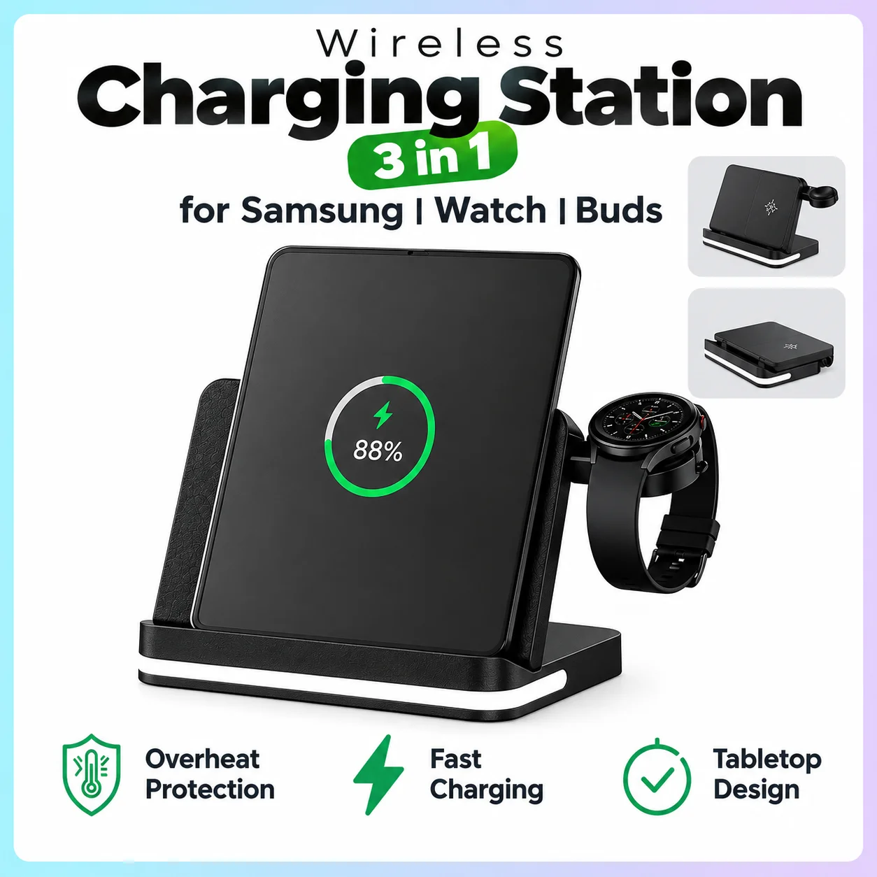 Tablike Foldable 3 in 1 Charger Station for Samsung Z Fold 8/7/6 Fast Wireless Charger Dock for Galaxy Watch Ultra 2/Earbuds Pro