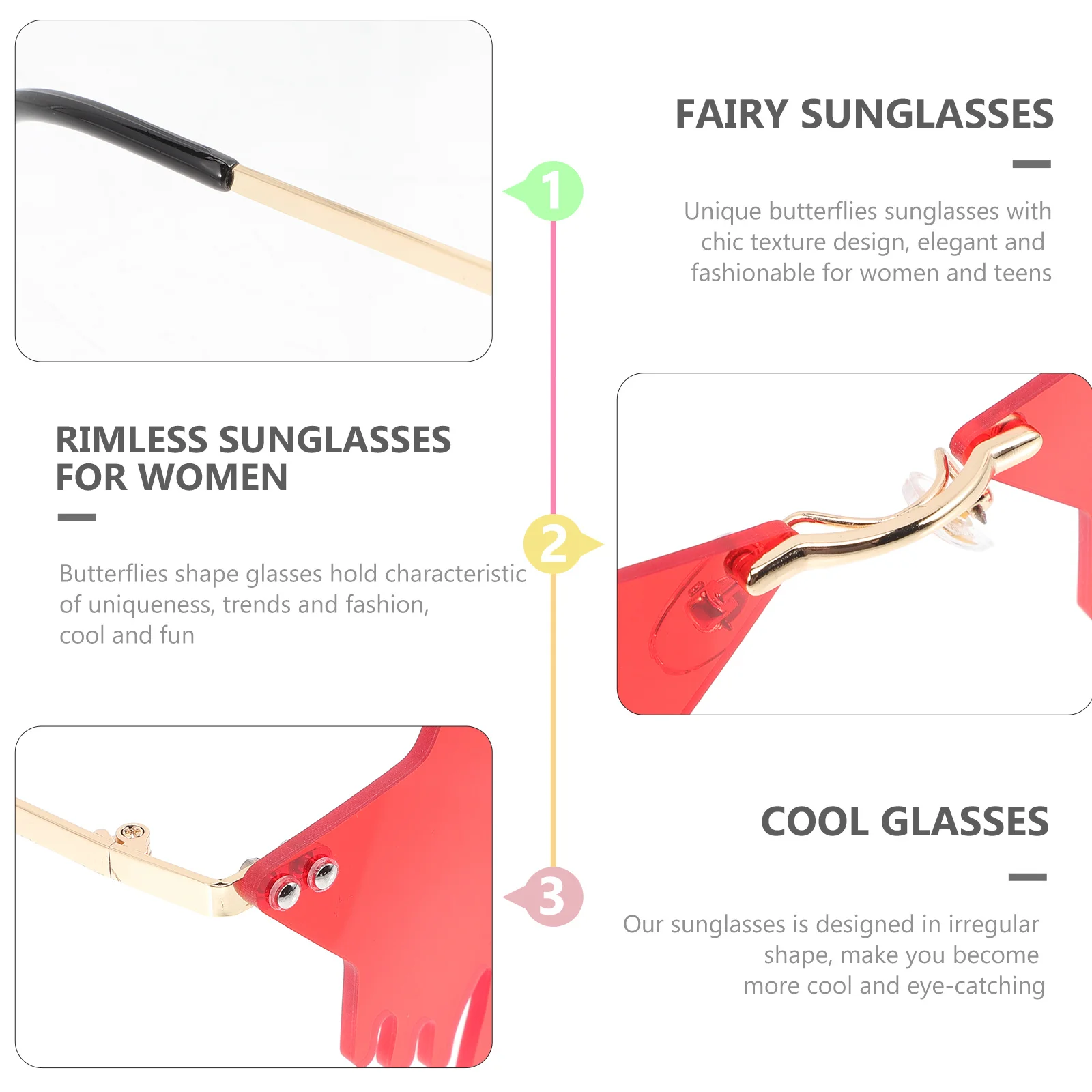 

1 Pair Gold Frame Red Lens Sunglasses Star Shaped Rimless Uv Protection Lightweight Stylish Party Beach Fashion Disco Eyewear