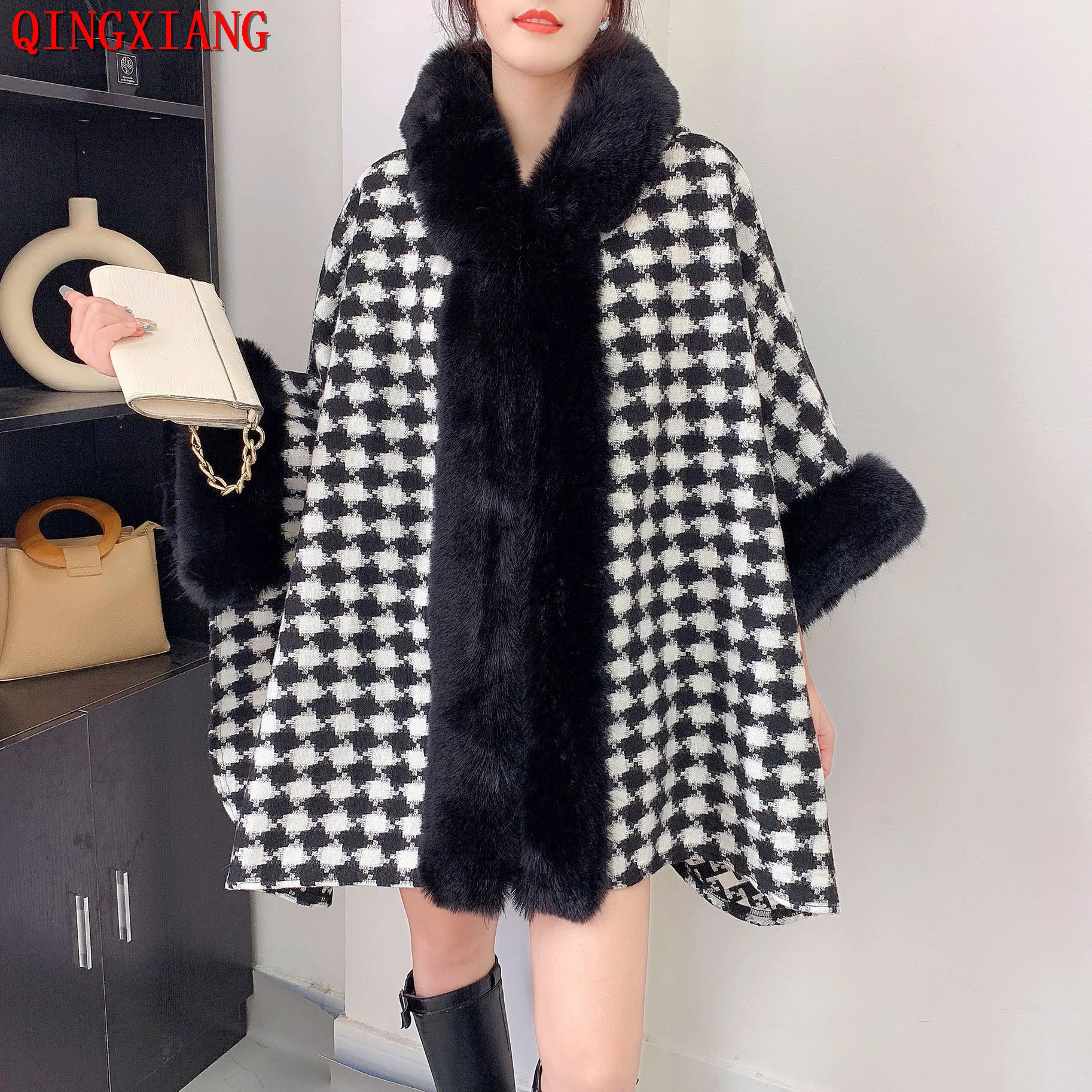 

Women Winter Thick Warm Diamond Plaid Outer Wear Cloak Batwing Sleeve Long Faux Rabbit Fur Collar Loose Cardigan Capes With Hat