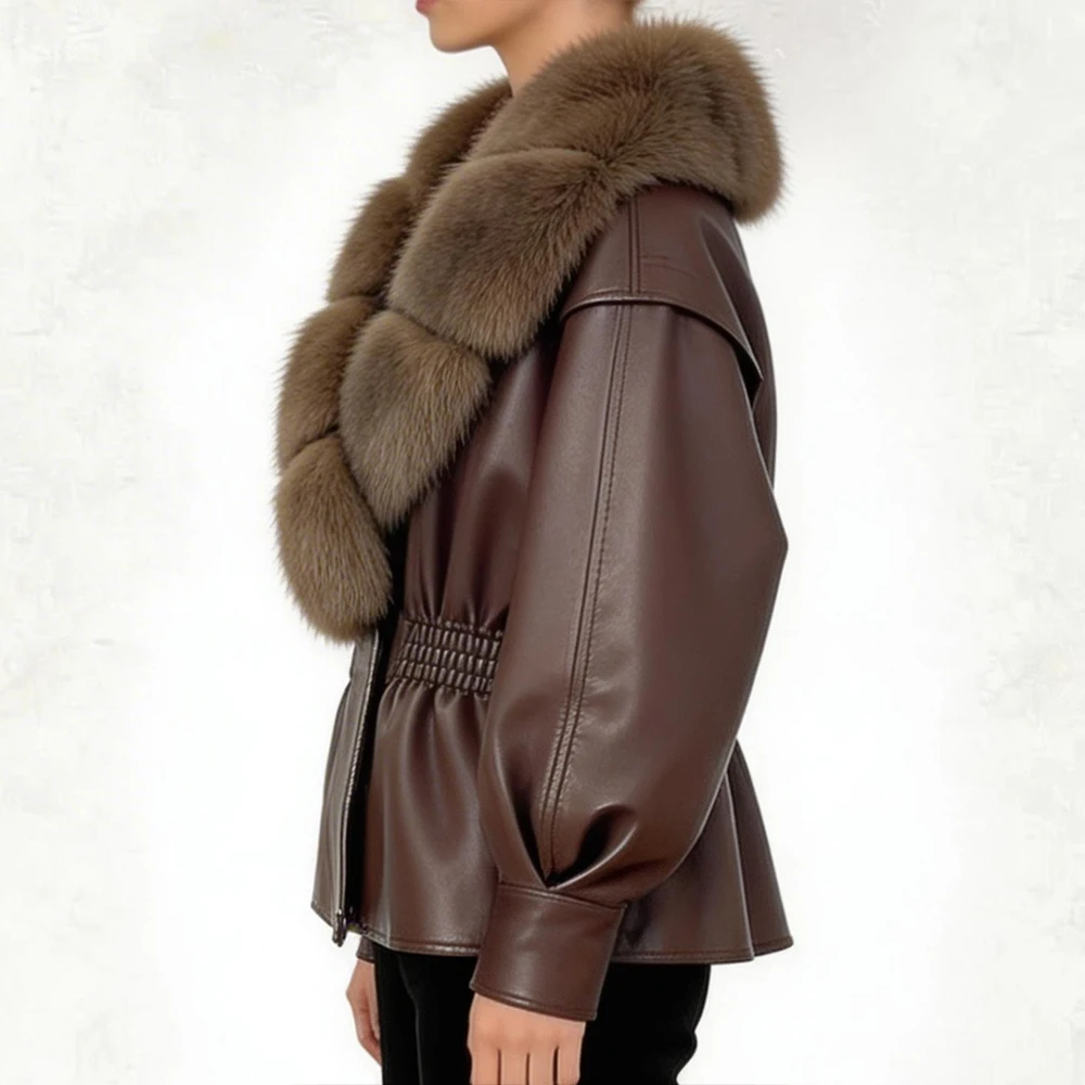 OFTBUY Neue Damen-Kunstlederjacke mit Übergroßem Kunstfuchsfell, Elastischem Bund und Puffärmeln - Luxuriöse Warme Winteroberbekleidung – Detail 6