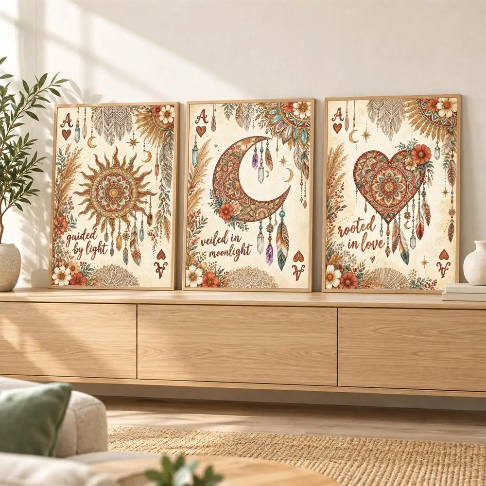Boho Tarot Sun Moon Heart Painting Calligraphy 3 Pieces Canvas Poster Set Wall Art for Bedroom Living Room Home Decor Gift