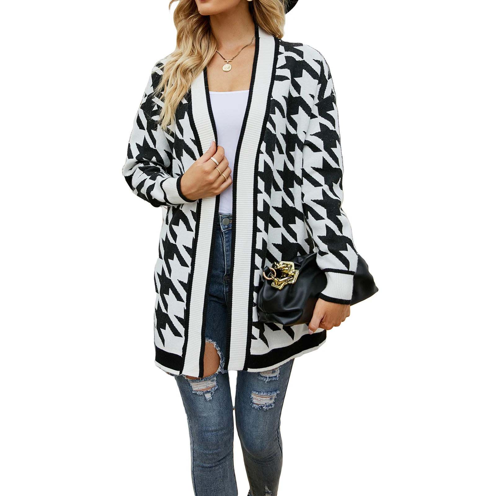 Ladies Autumn Mid-length Knitwear Coat Women Contrast Color Houndstooth Pattern V-neck Long Sleeve Sweater Coat Knitted Cardigan