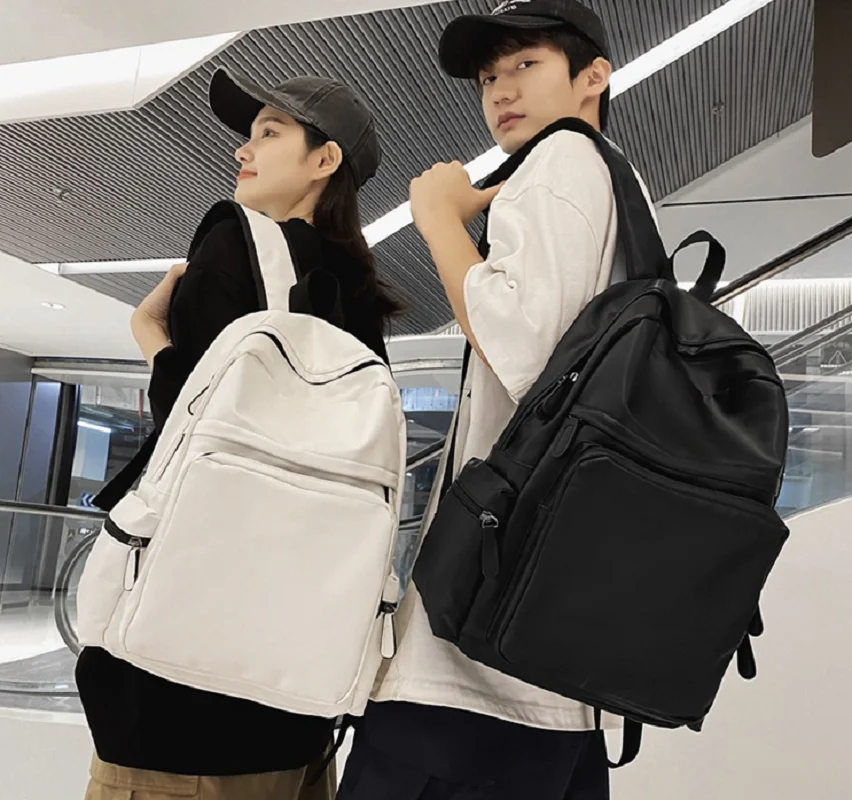 New Korean Men Women Large Capacity Laptop School Bag Soft Leather Double Zipper Shoulder Bags Casual Travel Backpack Totes