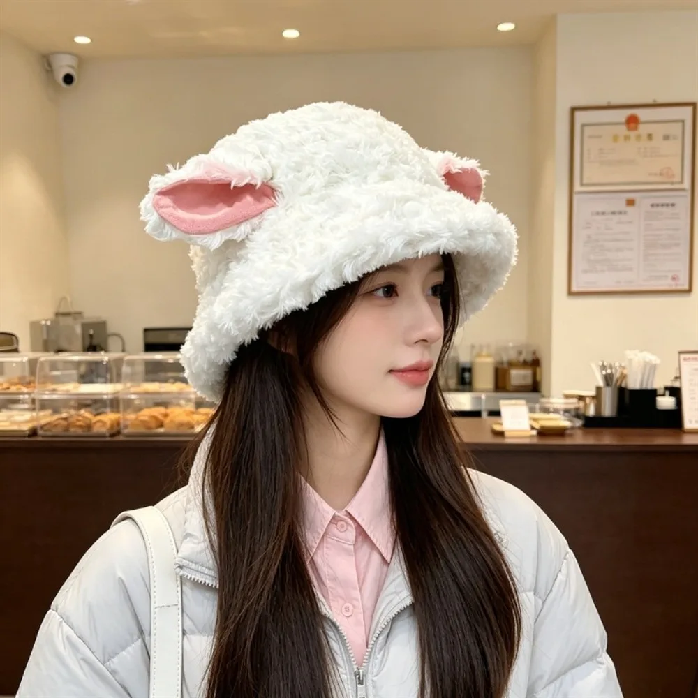 Cute Plush Plush Bucket Hat Fuzzy Soft Sheep Fisherman Hat Fluffy Warm Lamb Ear Hat Winter