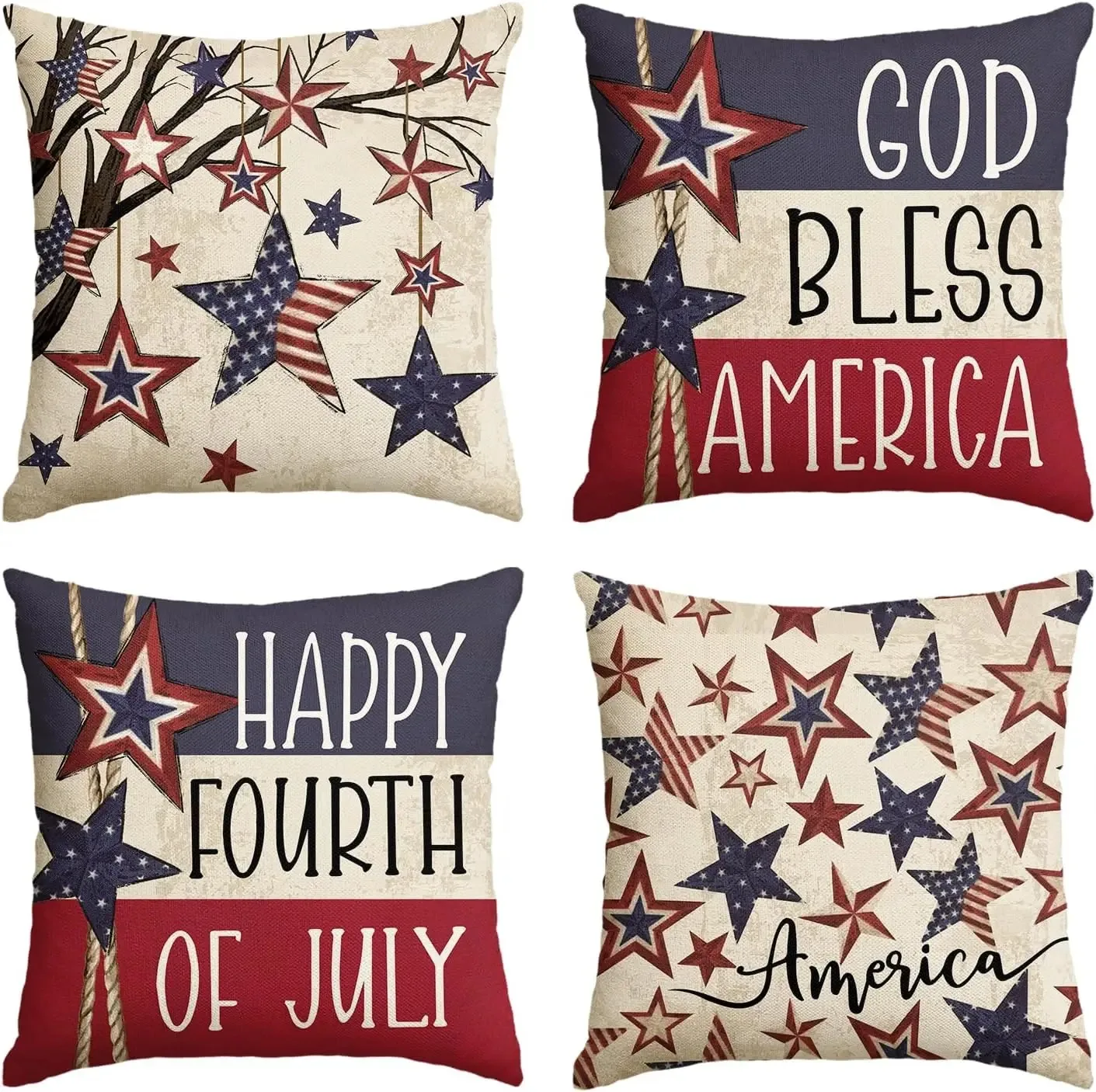 America Stars Tree Throw Pillow Covers, 4th of July Patriotic Independence Memorial Day USA Flag Cushion Case for Couch Set of 4