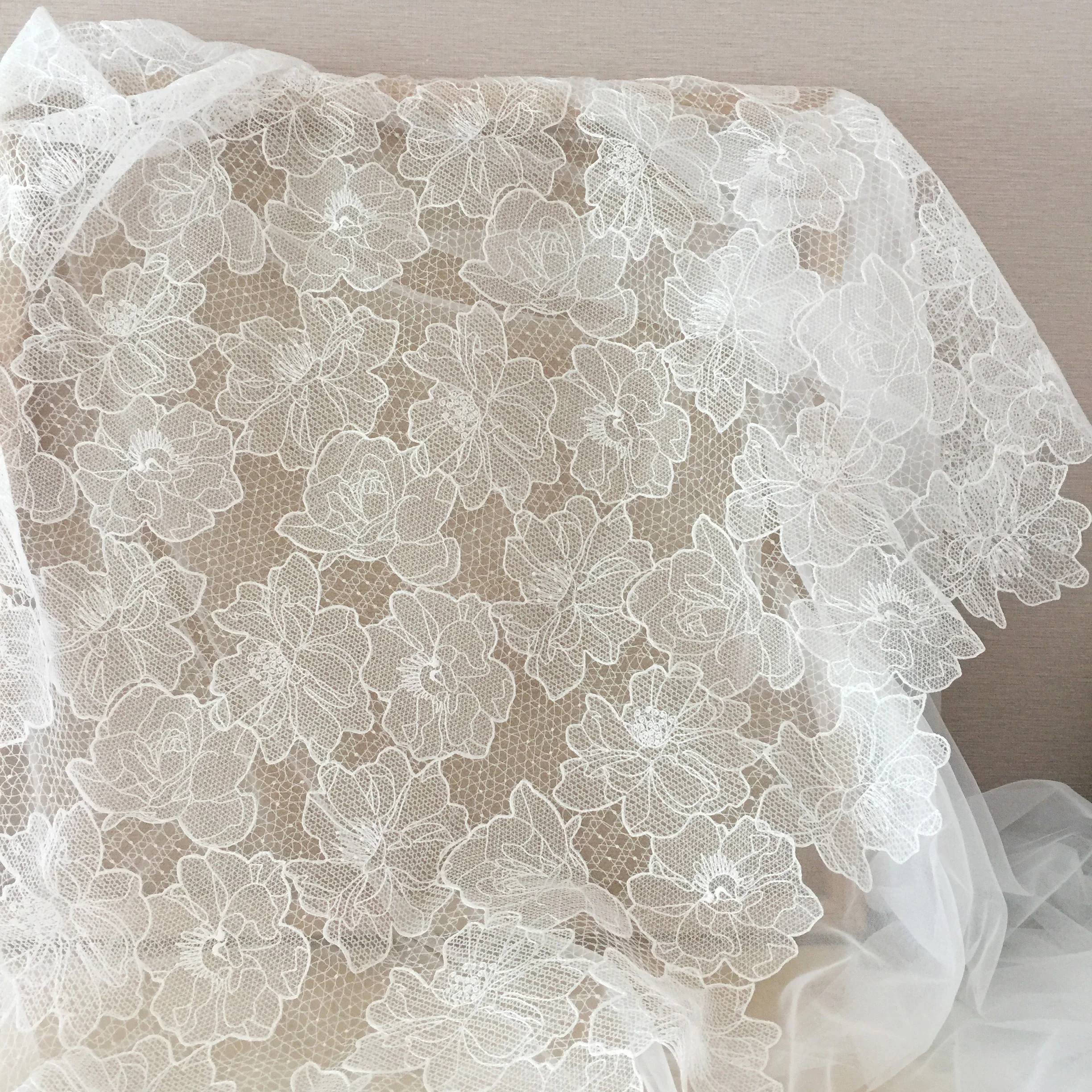 1 Yard Off White Alencon Lace Fabric with Rose Flower Floral Emrboidery Fabric for Wedding Gown, Lace Caps Prom Dress