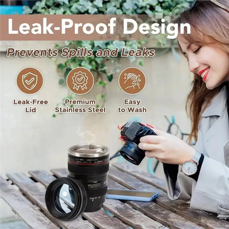 B23B Coffee Mugs Black Coffee Mug SLR Lens Cup Camera Camera Lens Model Stainless Steel Casual Cup With Lid