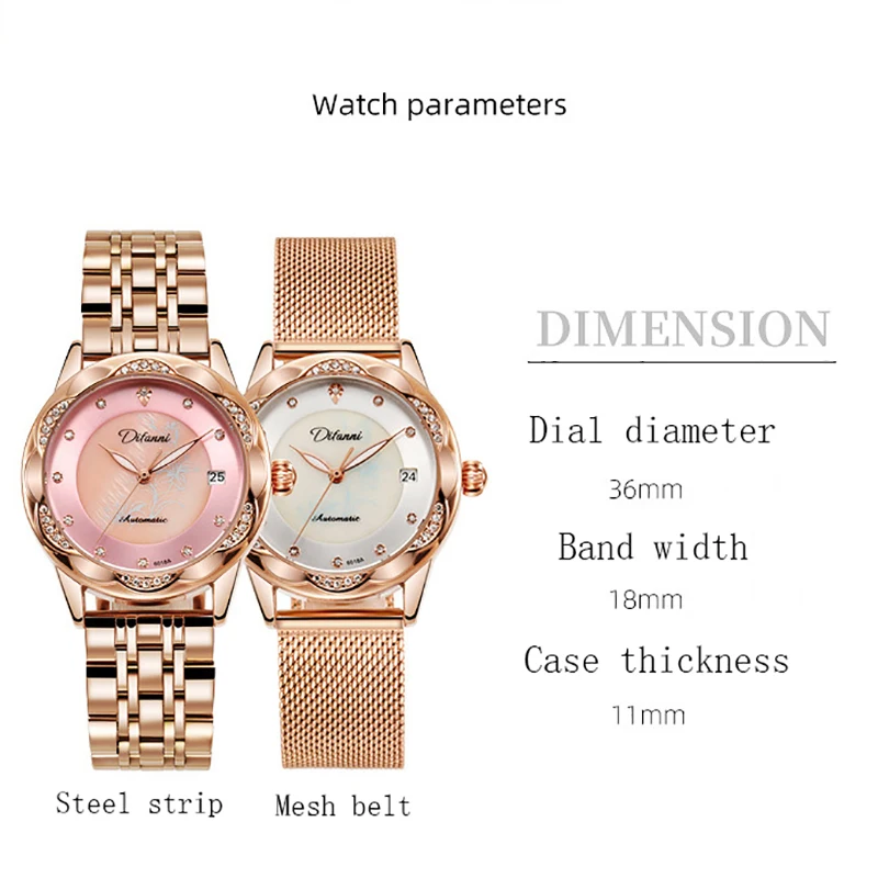 Women Brand Mechanical Watches Automatic Crystal Diamond Wristwatch Lady Waterproof Fashion Casual Luminous Calendar Date Clock