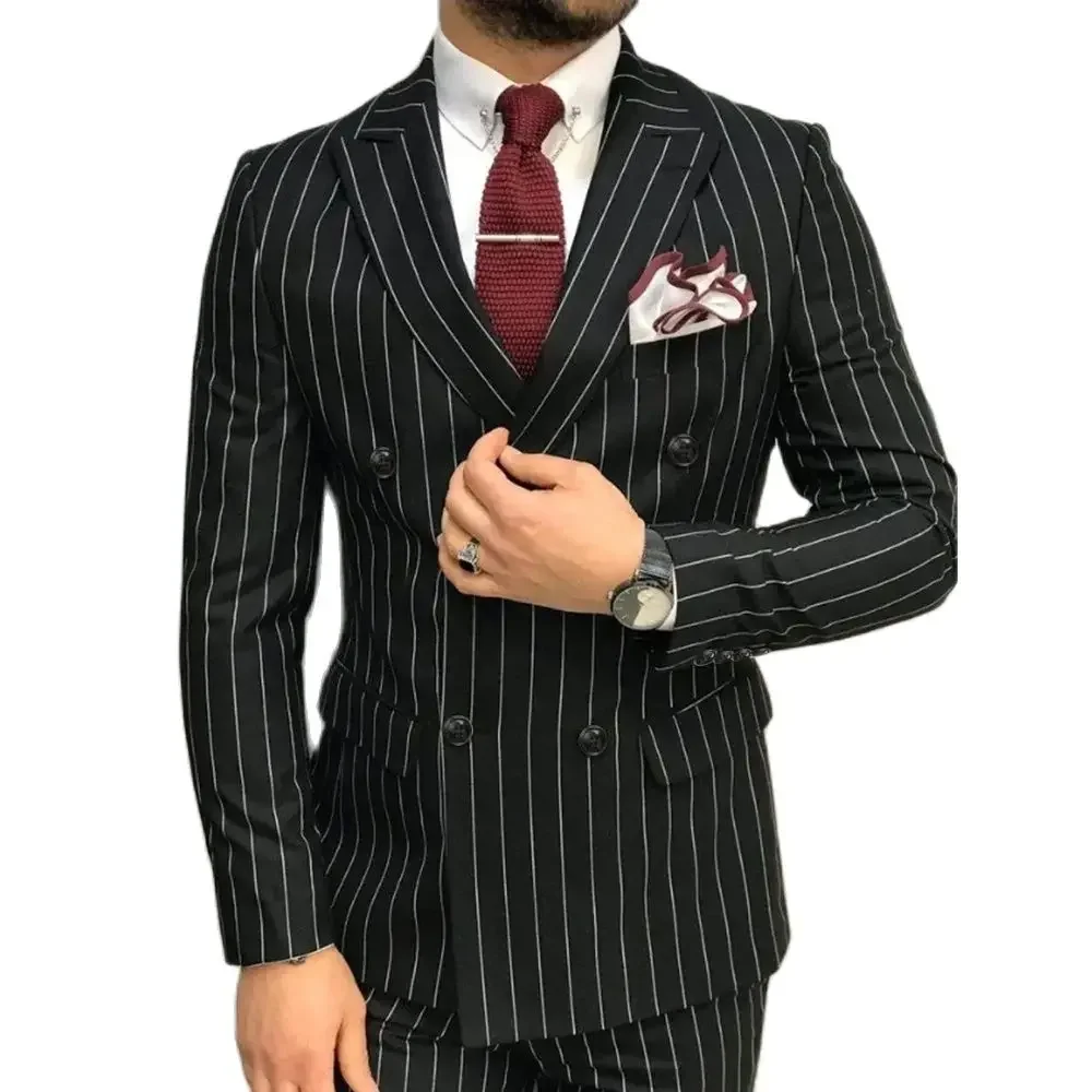 Elegant Striped Suits for Men Chic Peak Lapel Double Breasted Black Male Suit Slim Formal Groom Best Men Wedding Tuxedo 2 Piece