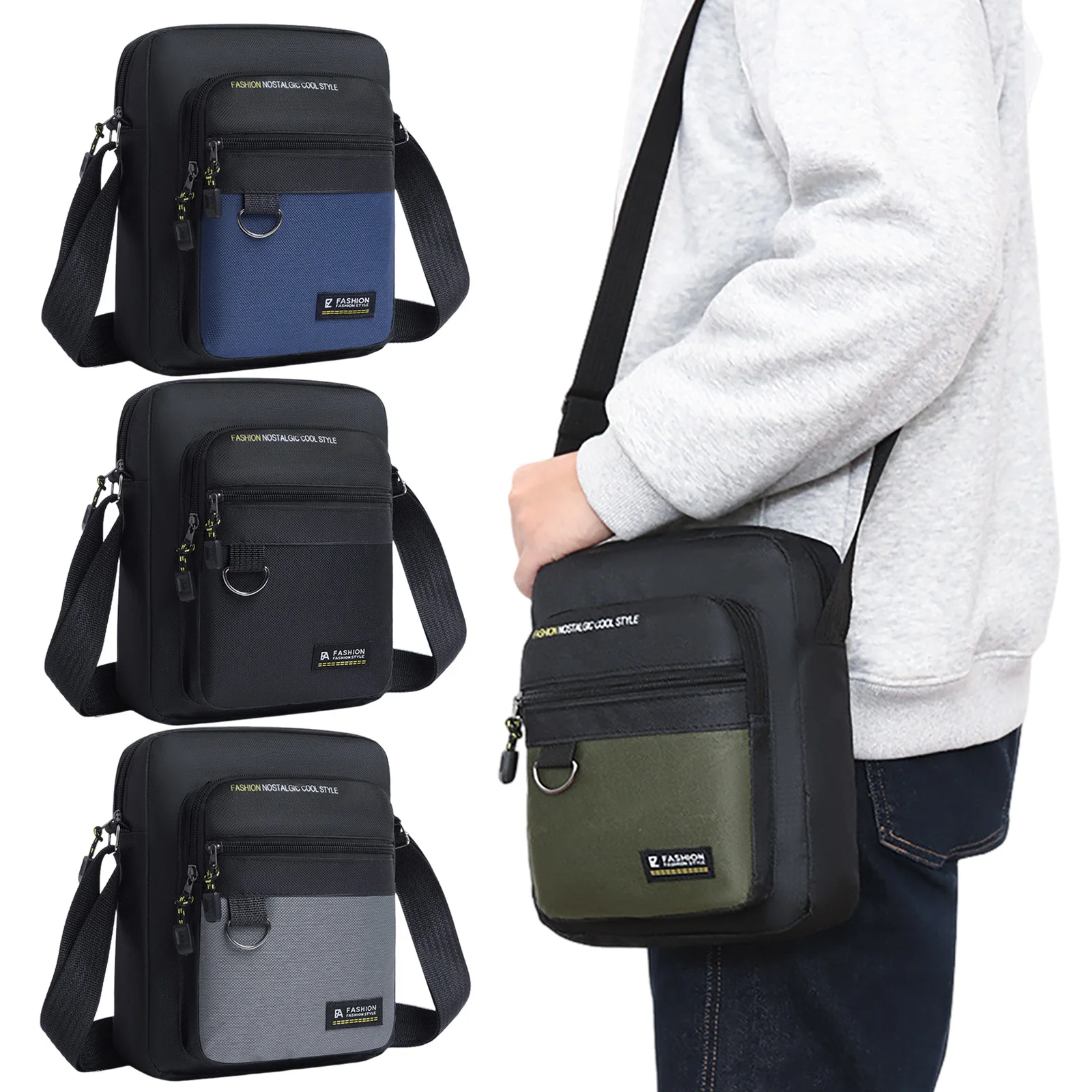 Waterproof Oxford Crossbody Bag Men Shoulder Bag Multi Layer Design Adjustable Strap Commuter Travel Lightweight Durable