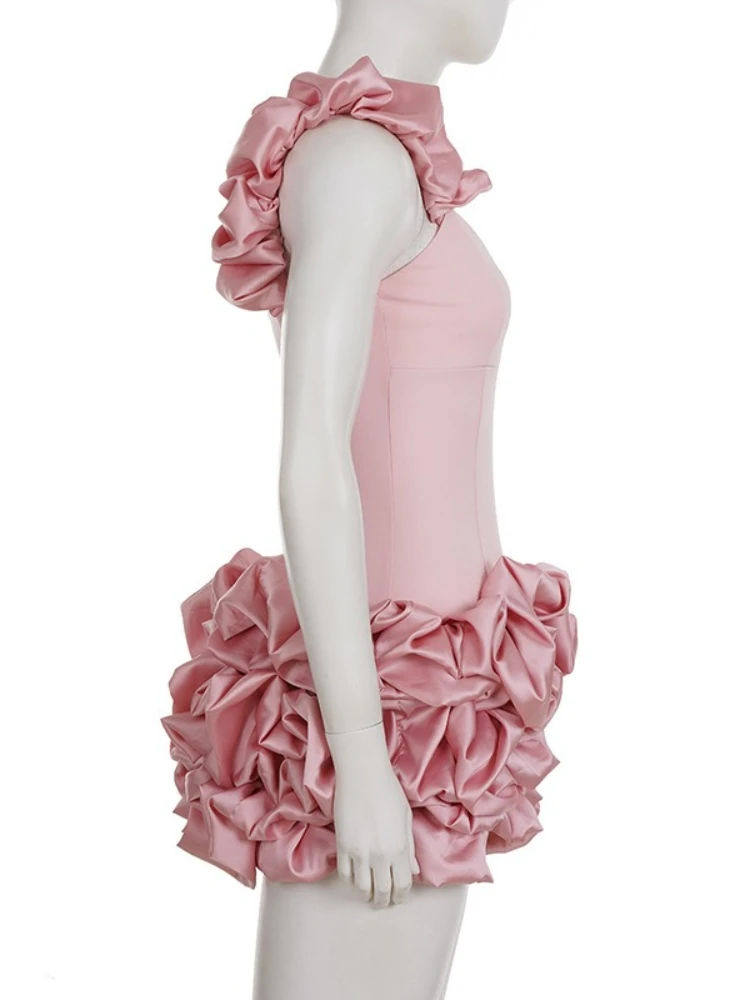 ピンクサテンフリルミニドレス レディース エレガント スパゲッティストラップ ノースリーブ Vネック スリムウエスト ラッフルミニドレス デート パーティー用