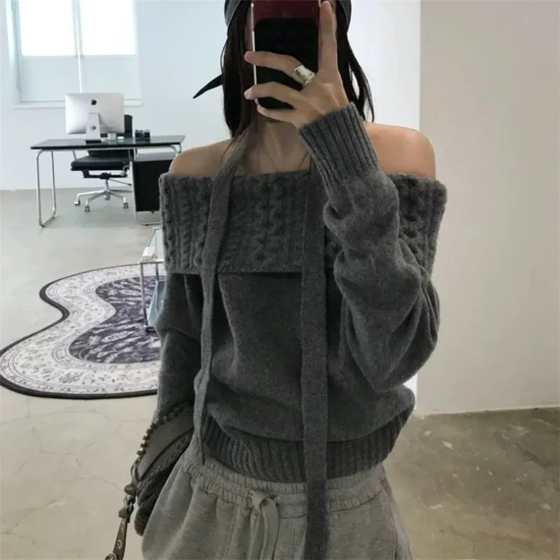 Women Off Shoulder Sweaters Solid Knit Top Korean Style Fall Winter Pull Femme Long Sleeve Vintage Casual Elegant Pullovers