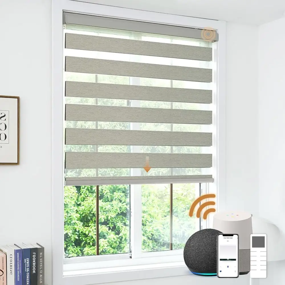 

Моторизованные двухслойные светонепроницаемые умные шторы с пультом дистанционного управления, совместимые с Alexa, теплый серый цвет