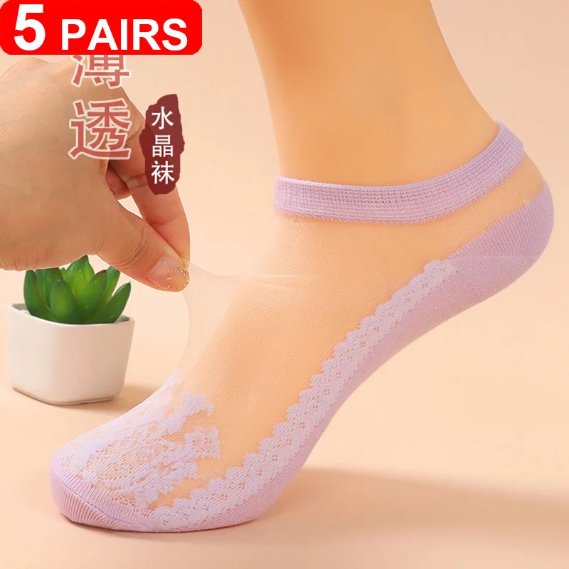 5 Pairs Soft Women Lace Boat Socks Invisible Socks Thin Crystal Glass Silk Summer No Show Socks Cool Transparent Short Ankle Sox