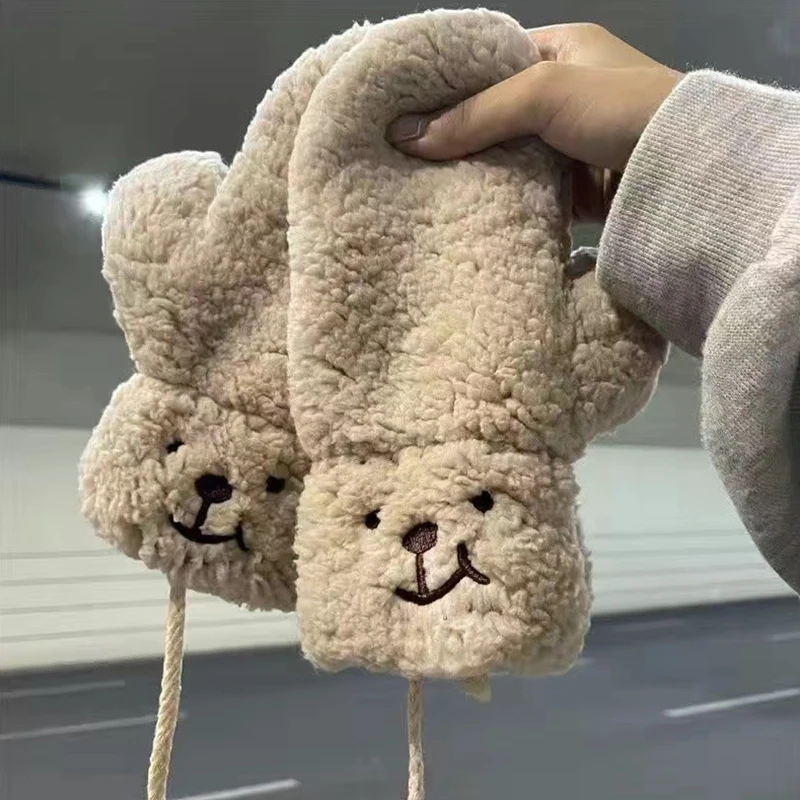 Guanti morbidi dell'orso del fumetto della peluche per le donne guanti caldi invernali addensare guanti senza dita scaldamani all'aperto regali per ragazze