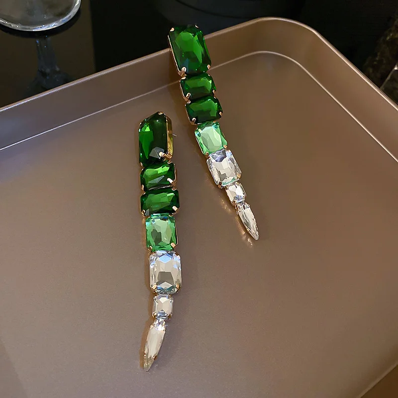 FYUAN Square Green Crystal Earrings Oversize Ladys Long Geometric Dangle Earrings for Women Fashion Jewelry Gifts