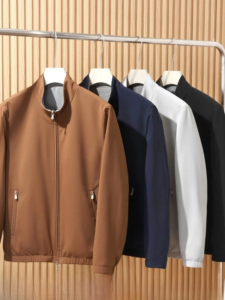 

Elegant Anti-Aging Double-Sided Wear Design Wool Lyocell Blend Spring Men's Simple Stand Collar Jacket Outerwear