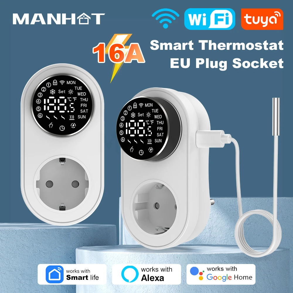 

MANHOT Tuya 16A WiFi LED Thermostat Wireless Electric Plug-in Thermostat Socket Temperature Controller Voice Control For Alexa