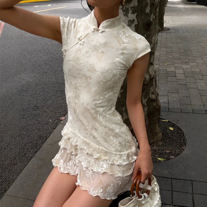 Neues Kleid im chinesischen Retro-Stil, elegant, mit Blumenmuster, figurbetont, für den Sommer, Y2K, sexy, trendiges, vielseitiges Kleid mit kurzen Ärmeln.