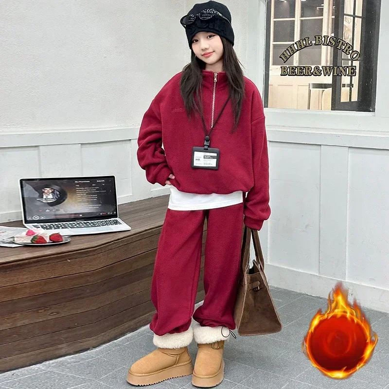 Girls Winter Clothes Fleece Thick Warm Teen Kids Tracksuit Casual Sport 2pcs Christmas New Year Children Costumes 10 12 Years