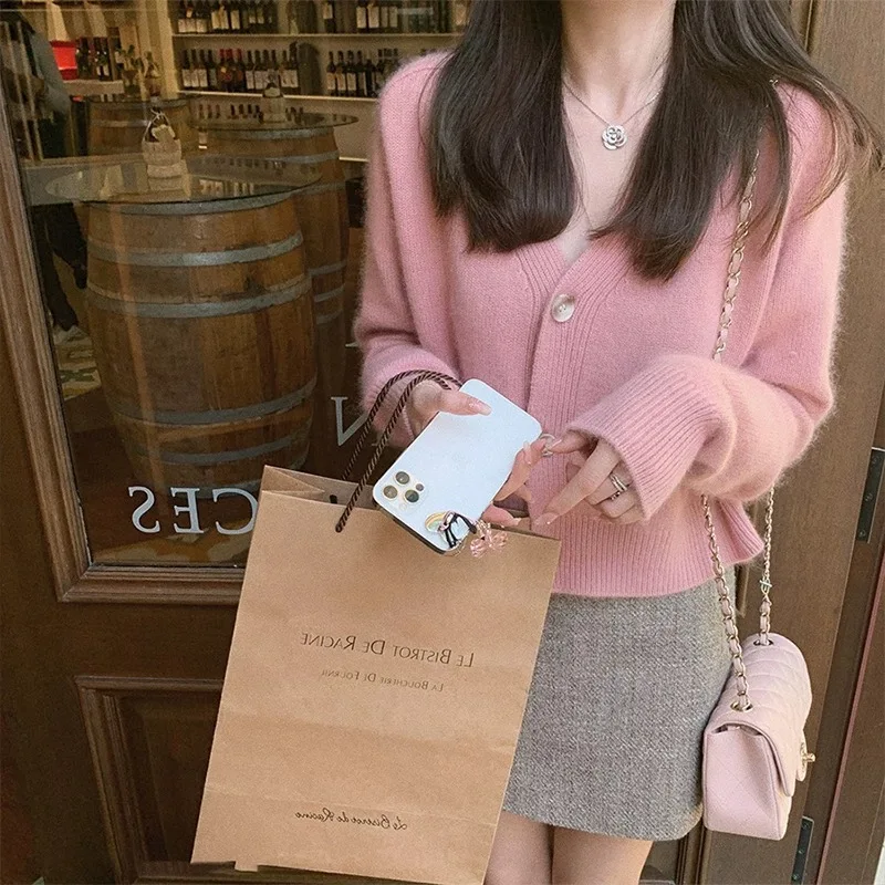 

2025 Autumn new pink cardigan for women 100 pure cashmere sweater European high-end V-neck knitted sweater coat