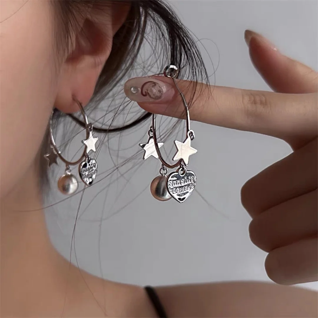 

DUTRIEUX Y2K Simplified Design Star Pendant Hoops Women's Brushed Metal round Ball Heart Earrings High-End Feelings Ear Jewelry