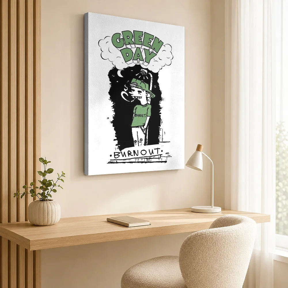 Green Day Burnout Cartoon Face Canvas Poster Personalized Photo Punk Ink Shading Wall Art For Rehearsal Room Music Lover Gift