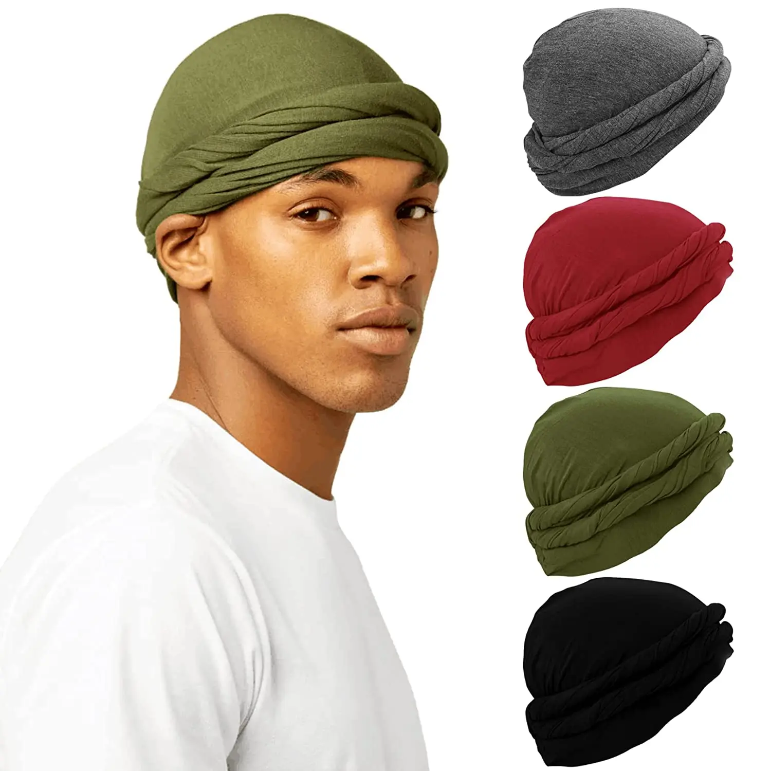 Men Fashion Vintage Halo Turban Solid Casual Style Head Wrap For Decoration Double-layer Breathable Head Scarf Elastic Caps