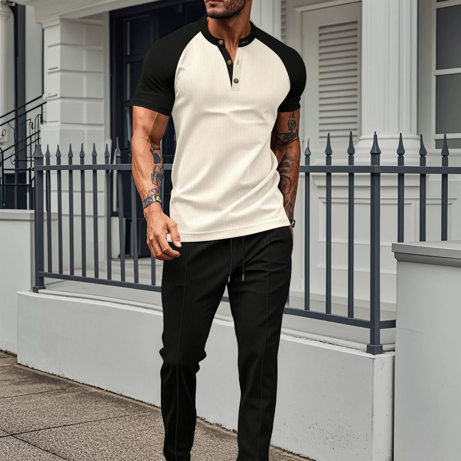

2025 new summer color matching Waffle men handsome crew neck with shoulder short sleeve two-piece pant suit