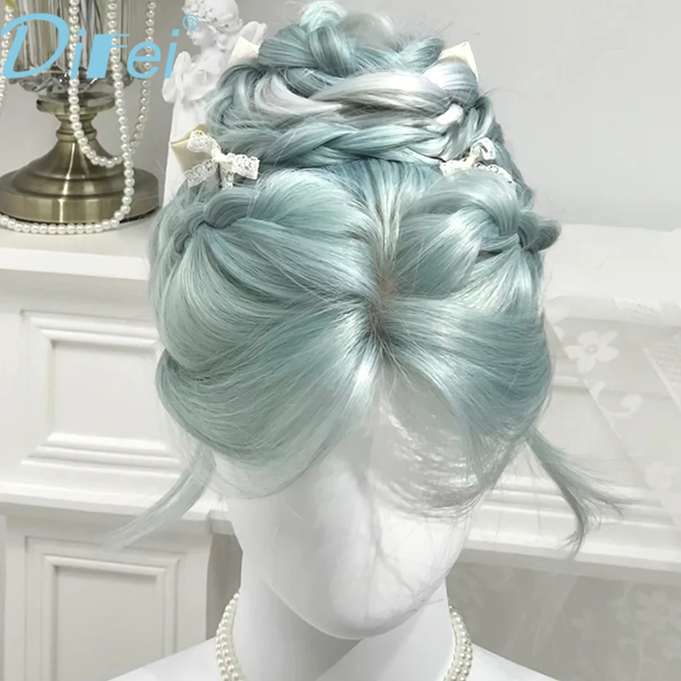 DIFEI Fresh Long Curly Hair Synthetic Wig Female Mint Blue Gradient Elegant Fresh Free With Long Curly Hair Wig Full Head