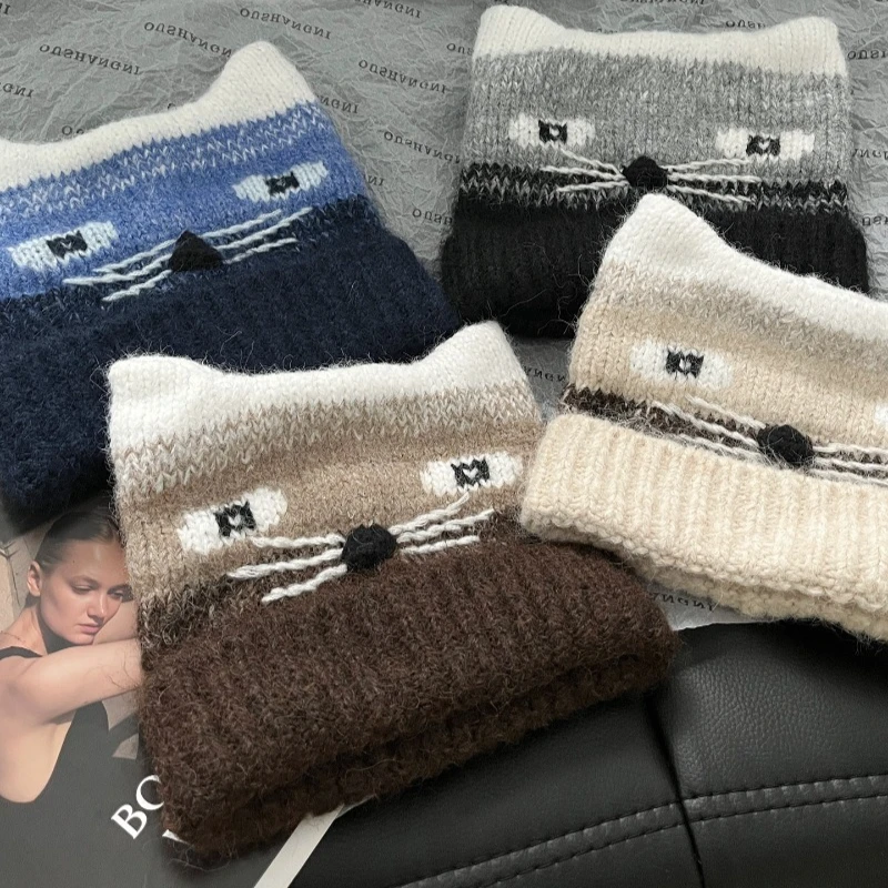 Niedliche Katzenohren-Strickmütze mit Farbblockierung für Männer und Frauen, warme, vielseitige Ohrenschutz-Skimütze für Herbst und Winter. – Detail 5