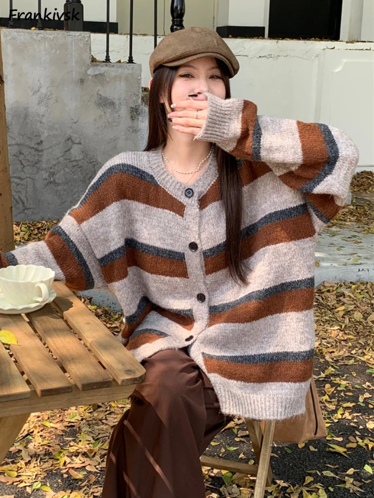 

Striped Cardigan Women Slouchy Contrast Color All-match Autumn Baggy Fashion Streetwear Hotsweet Knitwear American Style Vintage