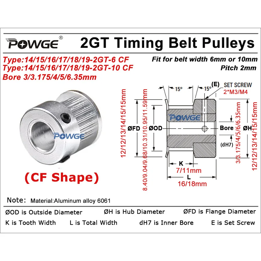 POWGE GT 14 15 16 17 18 19 Teeth 2MGT 2GT Timing Pulley Bore 3/3.175/4/5/6/6.35mm for belt width 6/10mm 14T 15T 16T 17T 18T 19T 