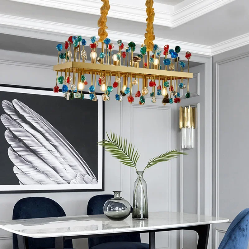 Modern Crystal Chandelier For Dining Room Luxury Colorful Cristal Hanging Lamps Rectangle Kitchen Island LED Lighting Fixtures