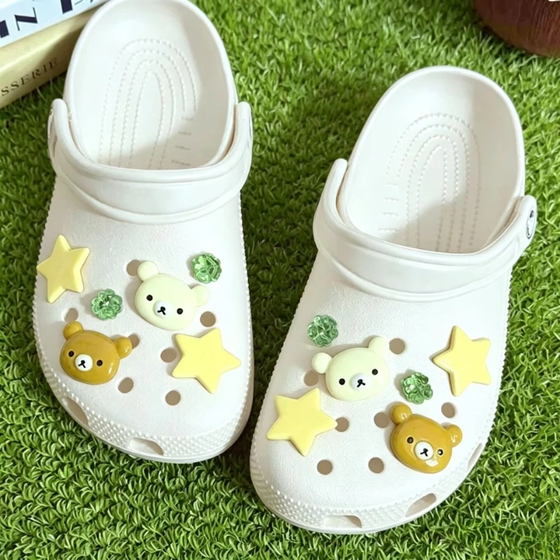 Adorable White & Brown Bear Shoe Charms DIY Sandals Clogs Slippers Accessories Transparent Four-Leaf Clover Decor X-mas Gifts