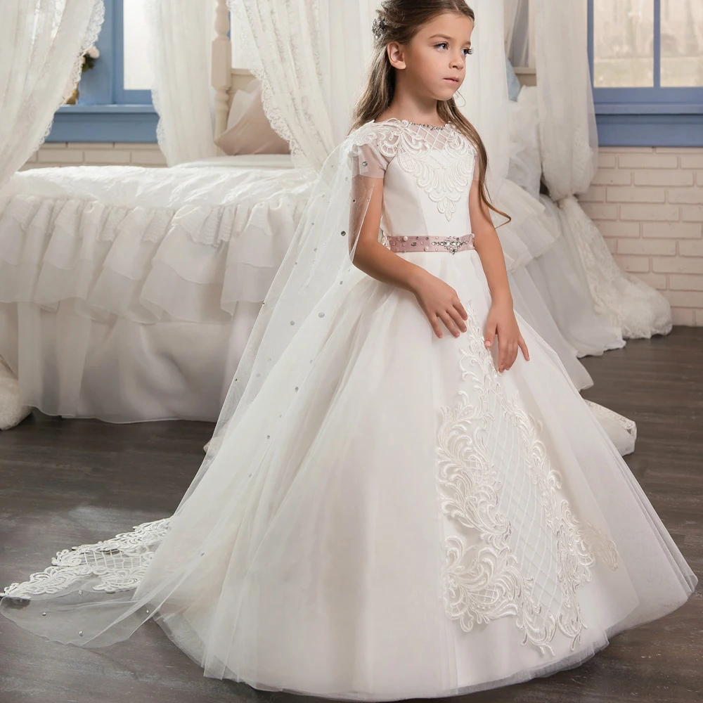 White Lvory Flower Girl Dresses For Wedding Custom Made New Arrival Hot Pageant Dress Sleeveless and Appliques Satin