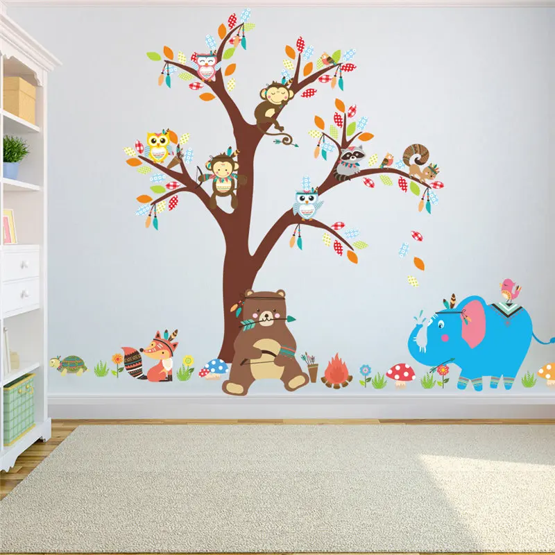 Lovely Animal Big Tree For Kindergarten Wall Sticker Kids Room Home Decor Elephant Monkey Cartoon Safari Mural Art Decal