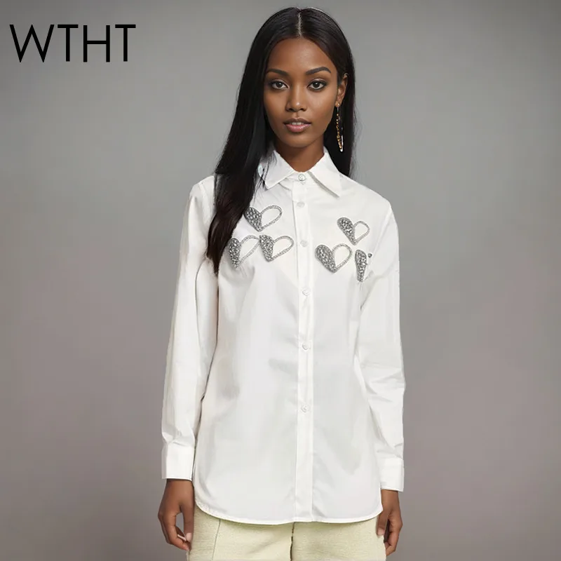 

WTHT Fashion Women's Diamonds Hearts Design Loose Shirt 2025 Summer Trendy Lapel Long Sleeves Blouse Female 1LS1973