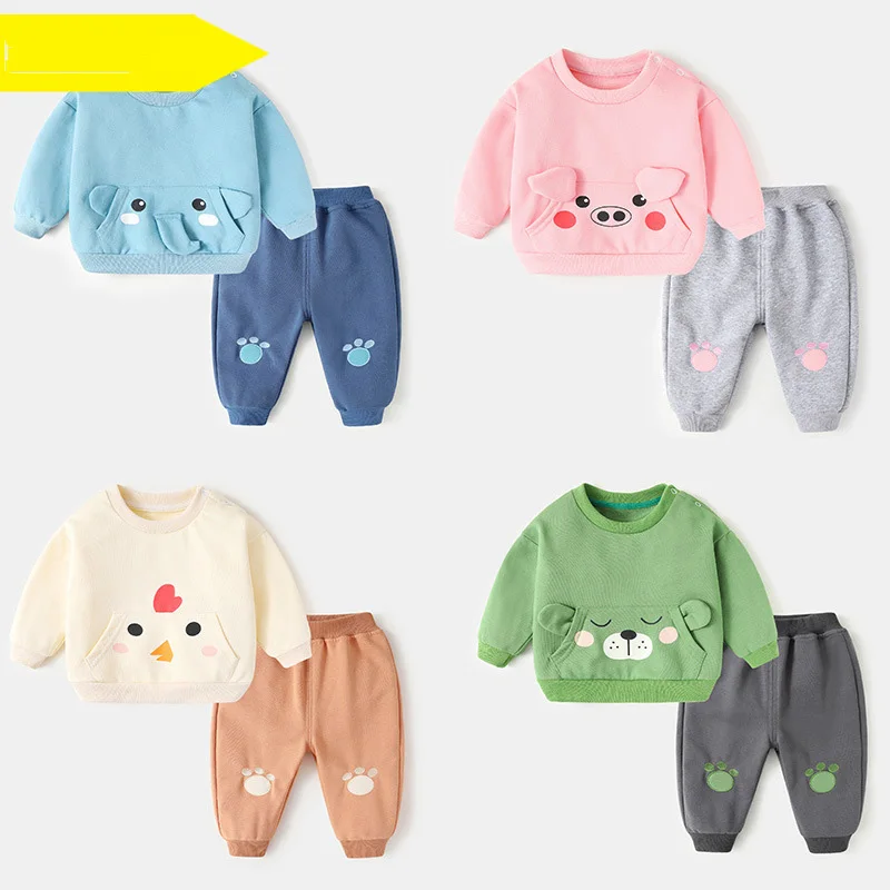 Ins Autumn Infant Baby Girl 2PCS Clothes Set Cotton 3D Cartoon Pockets Kid Girl Sweatshirt Patched Jogger Pant 1-3Y Girl Outfits