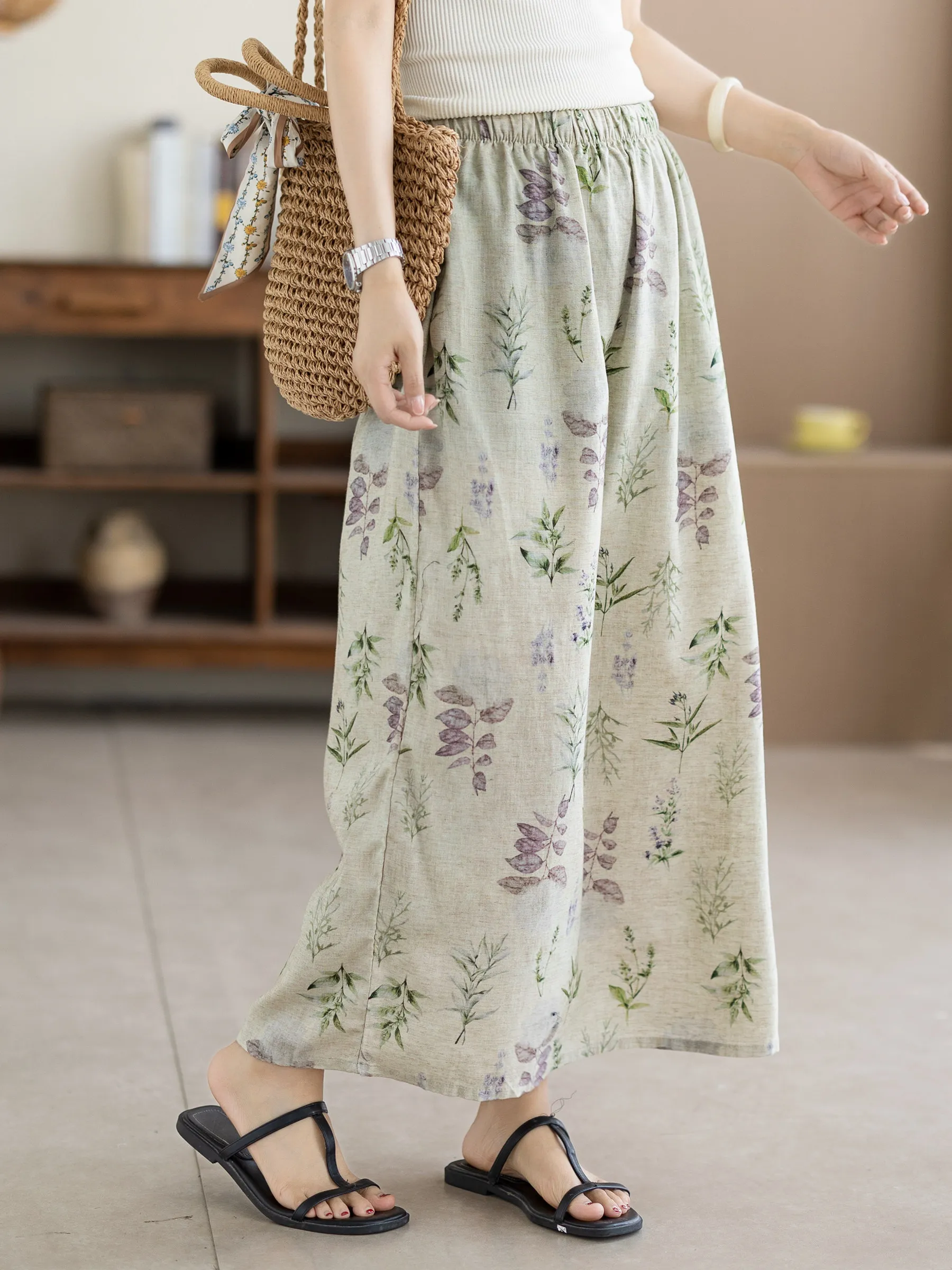 Floral Embroidery Linen Midi Skirt Women's A-Line Skirt Drapey Vintage Feel Commute Style mid Waist Fit Loose Elastic Waist