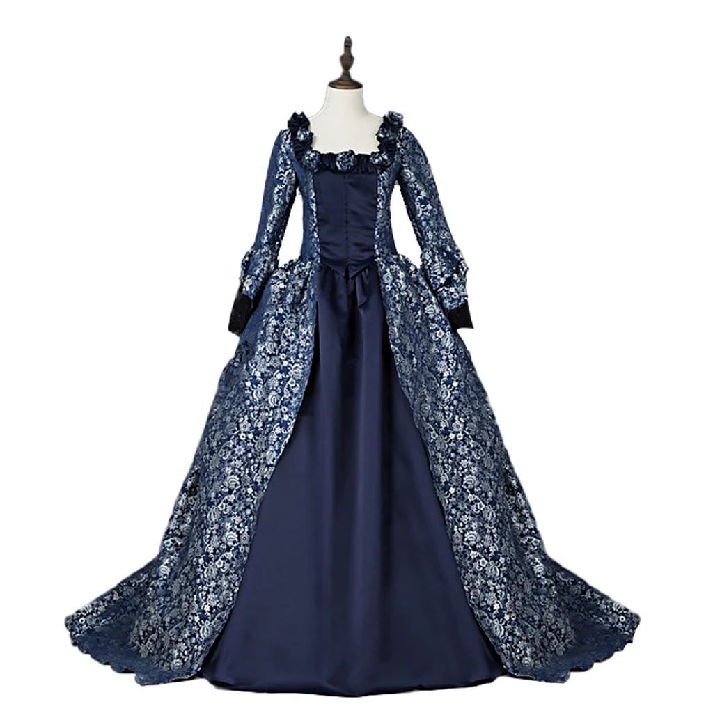 

Women's Victorian Rococo Dark Navy Floral Print Dress Marie Antoinette Ball Gown Medieval Renaissance Court Princess Costume