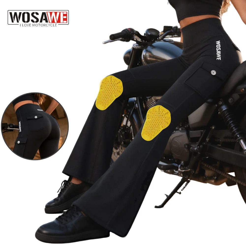 WOSAWE Women Motorcycle Pants with Knee Pads Motocross Flared Leggings Hip Lift Workout Bootcut Lady Tummy Control Yoga Pants